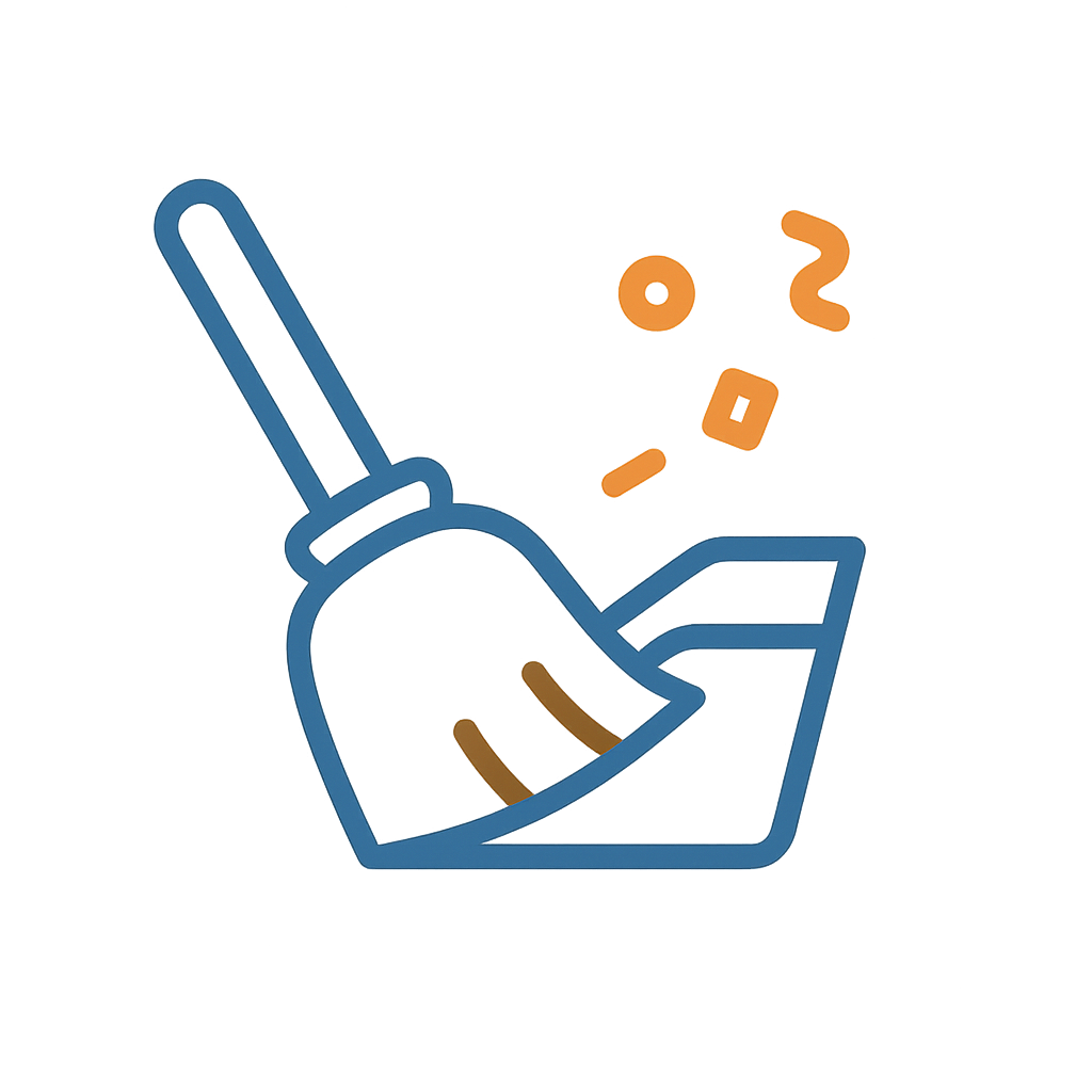 Broom sweeping confetti into a dust pan.